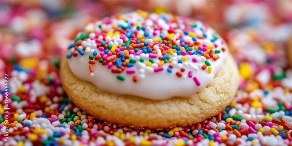 A close-up of a beautifully decorated Christmas cookie with icing, surrounded by colorful sprinkles A close-up of a beautifully decorated Christmas cookie with icing, surrounded by colorful sprinkles