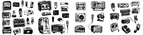 Media from the past. Music lovers and radio enthusiasts will enjoy this set of items. Microphones, reel tape recorder, radio receiver, headphones, mixing console, cassette tape, audio plug microphone