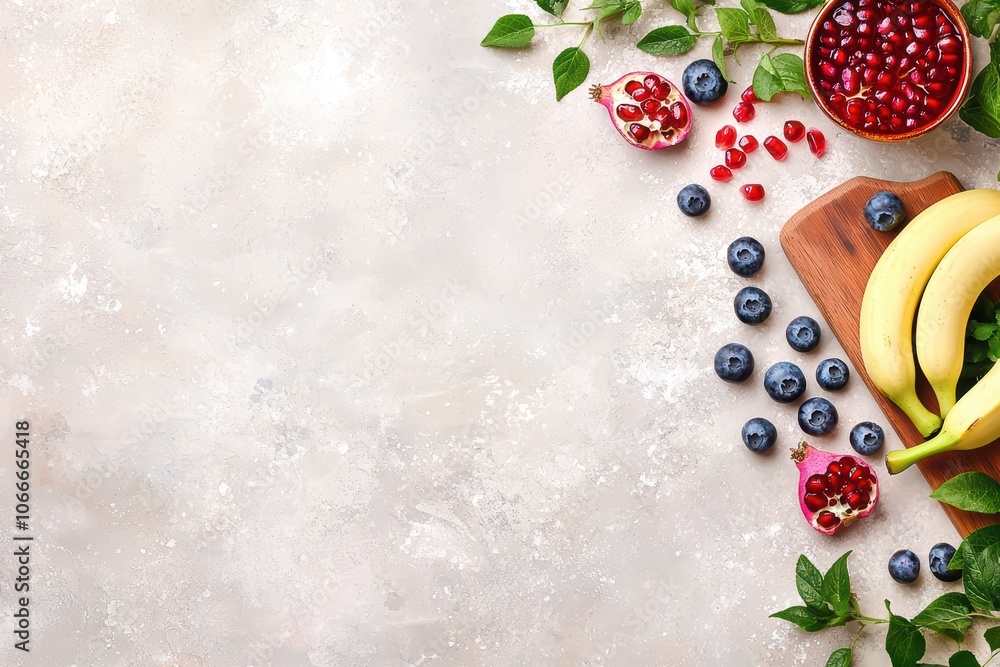 Fresh fruits including bananas, blueberries, and pomegranates on a light textured background. Fresh fruits including bananas, blueberries, and pomegranates on a light textured background.