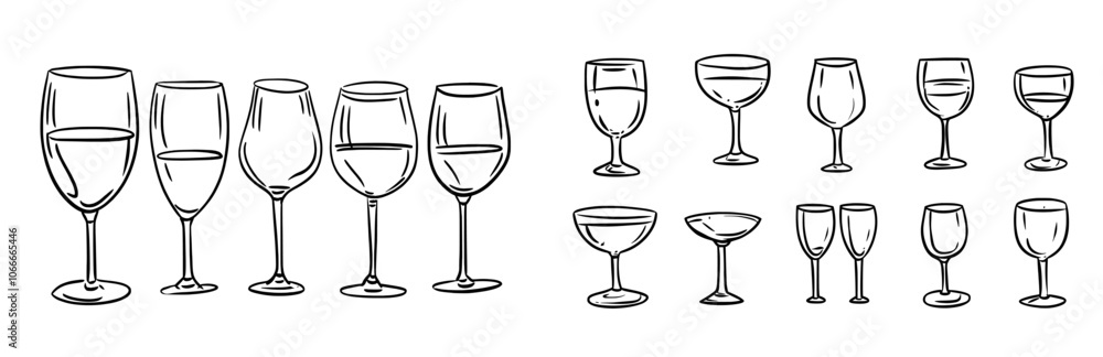 The wine glass is hand drawn with red and white wine. A sketch of alcohol in a wineglass. White and red drink wine. The wine glass is hand drawn with red and white wine. A sketch of alcohol in a wineglass. White and red drink wine.