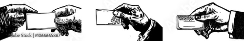 Using a vintage engraved or etched woodcut print style, a suitably dressed hand holds a business card or letter.
