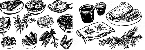 Russian food set with dumplings and borscht in a top view, with sliced fish and samovar. Hand drawing sketch. Monochrome engraved illustration.