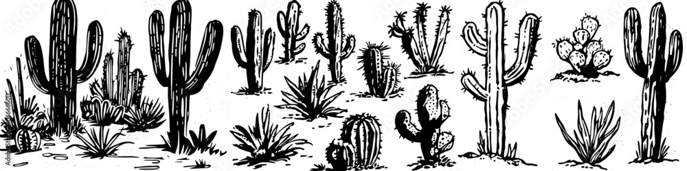 Graphite cacti set on white background. Hand drawn agave, saguaro, and prickly pear plants on a black background. Graphite cacti set on white background. Hand drawn agave, saguaro, and prickly pear plants on a black background.