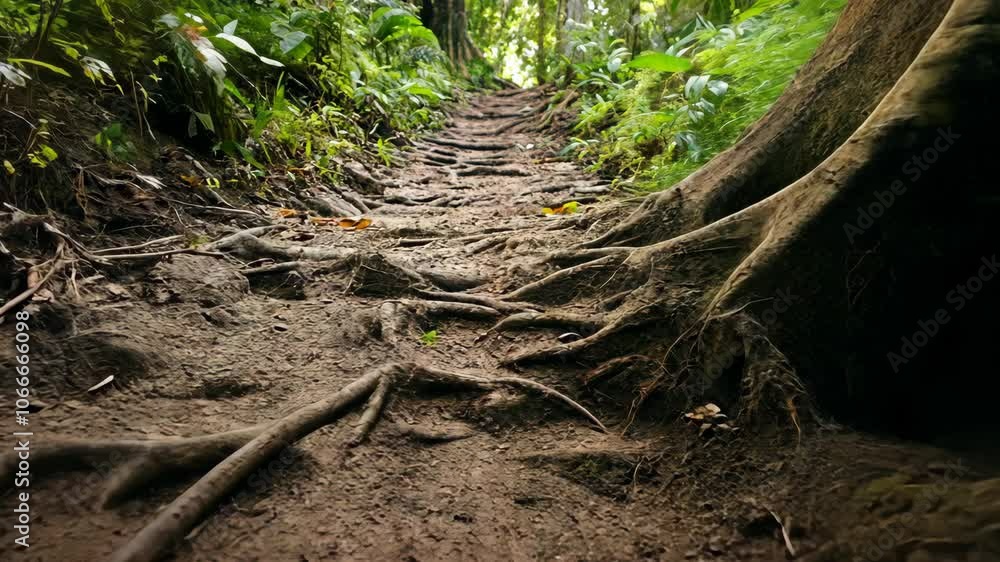 A dirt path through the jungle, covered in large tree roots
