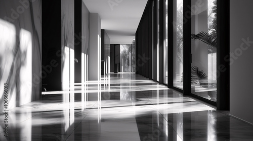 Modern Office Hallway in Black and White photo