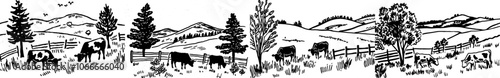 Animals grazing in a field in a rural nature landscape. Vector.