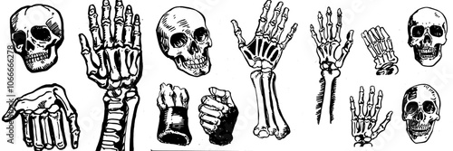 Modern hand drawn sketch illustration of human skeleton, bones, and joints. Set of anatomy icons.