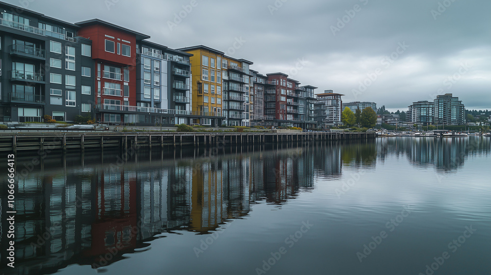 Colorful Waterfront Buildings Reflecting in Calm Water Colorful Waterfront Buildings Reflecting in Calm Water
