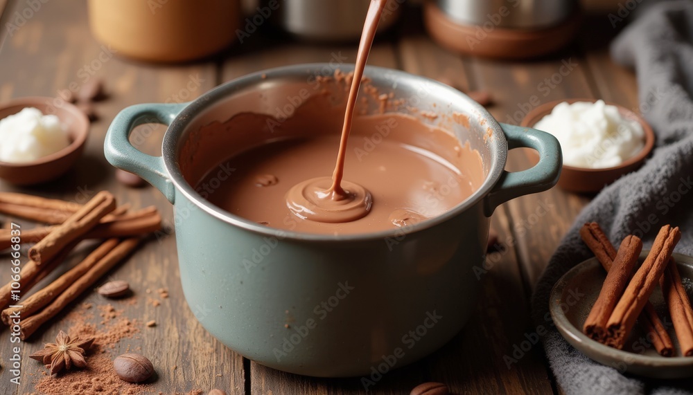 Delicious hot chocolate being stirred in a pot, surrounded by spices and whipped cream, inviting and cozy atmosphere for winter indulgence Delicious hot chocolate being stirred in a pot, surrounded by spices and whipped cream, inviting and cozy atmosphere for winter indulgence