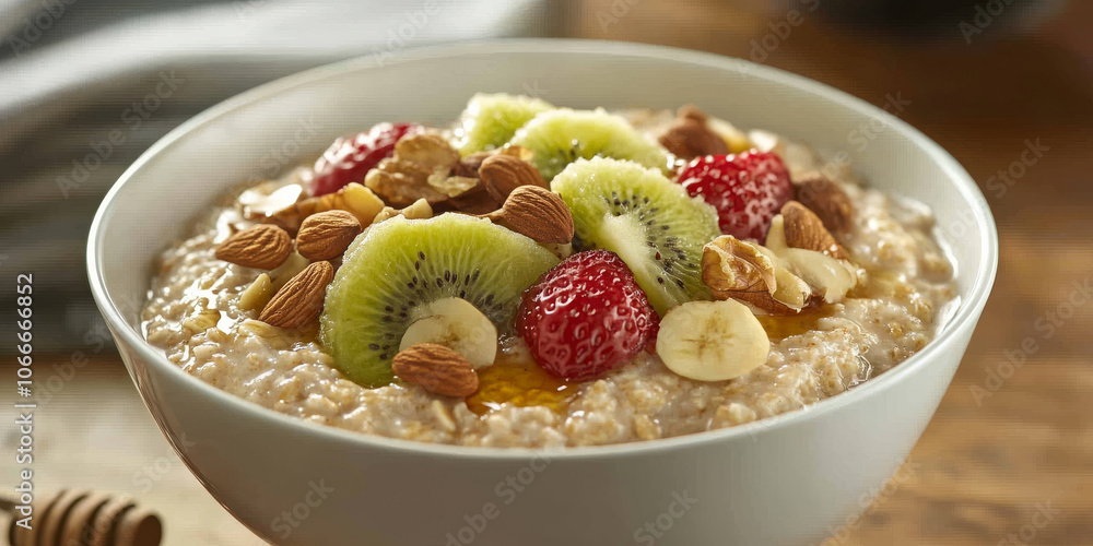 A warm bowl of oatmeal topped with fresh fruits, nuts, and honey, creating a cozy breakfast vibe A warm bowl of oatmeal topped with fresh fruits, nuts, and honey, creating a cozy breakfast vibe