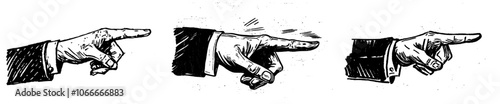 An illustration depicting a hand pointing with a finger. A vintage engraving style illustration