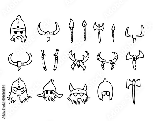 Hand-drawn set of Scandinavian Vikings helmet with horns, sword, boat, axe, spear and boat, with letters isolated on a white background for design inspiration