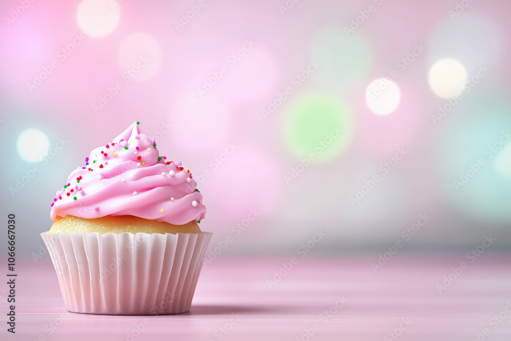 Close-up of a colorful cupcake with pink frosting and sprinkles, set against a soft pastel bokeh background, creating a playful and festive mood. Close-up of a colorful cupcake with pink frosting and sprinkles, set against a soft pastel bokeh background, creating a playful and festive mood.