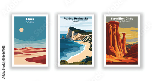 The Twelve Apostles, Australia, The Kimberley, Australia, Sydney Harbour ,Bridge - Set of 3 Vintage Travel Posters. Vector illustration. High Quality Prints