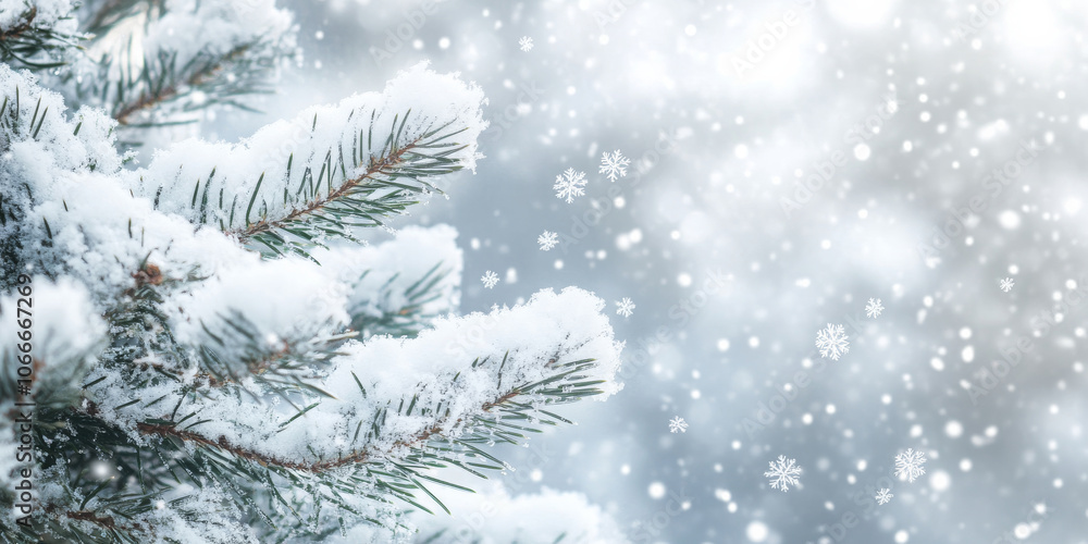 A snow-covered Christmas tree in a winter wonderland, with soft falling snowflakes creating a magical atmosphere A snow-covered Christmas tree in a winter wonderland, with soft falling snowflakes creating a magical atmosphere