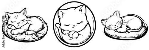 An illustration with a handdrawn sleep cute cat in a doodle sketch style. This concept represents a relaxing time animal pet.