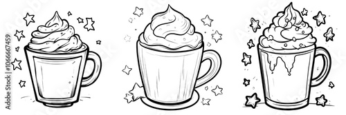 This is a hot winter drink cup with cream and cinnamon. Nice warm coffee, tea, chocolate. An illustration in a hand-drawn sketch style. A drink christmas mug.