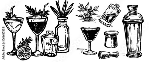 Hand drawn set of modern sketches for cocktails, alcohol, and drinks