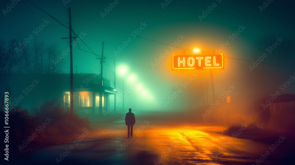 Fototapeta premium Desolate Foggy Road with Neon Hotel Sign in the Distance