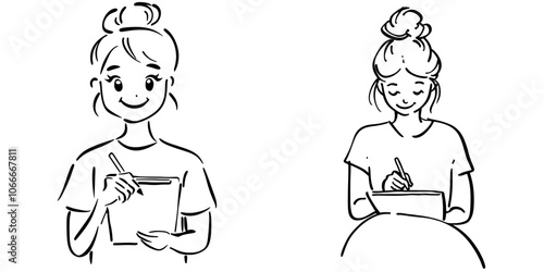 This cute cartoon woman writes notes on sticky notes, brainstorms and makes a startup plan. It's a thin line modern illustration on a white background.