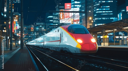 High-speed train at night in urban cityscape