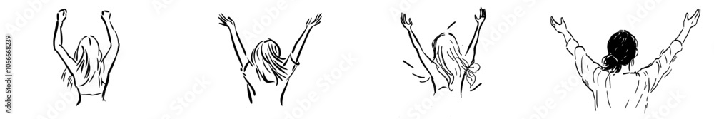 Fototapeta premium An isolated white background shows a cheering woman with her hands up in the air feeling happy and free. A cute girl feel free and young minimalism design isolated on white.
