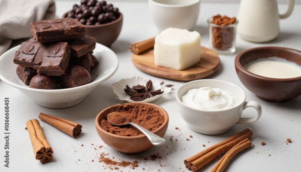 A cozy arrangement of chocolate, cocoa powder, and various ingredients including sugar, milk, and cinnamon, perfect for baking and dessert preparation A cozy arrangement of chocolate, cocoa powder, and various ingredients including sugar, milk, and cinnamon, perfect for baking and dessert preparation