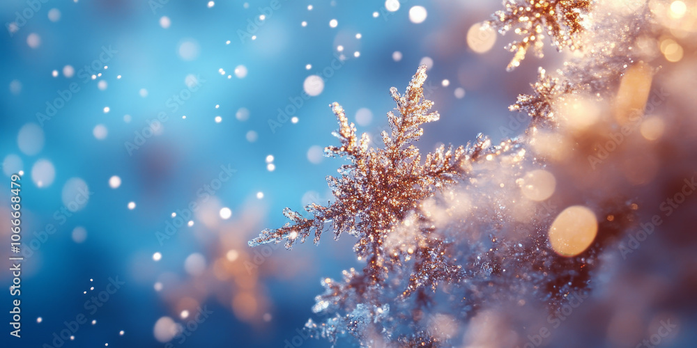 Fototapeta premium Glittering snowflakes falling against a frosty blue background, creating a serene winter holiday scene