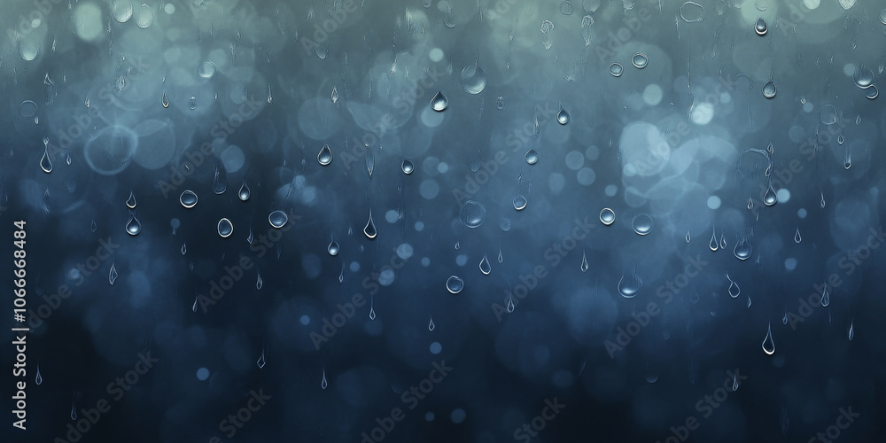 Fototapeta premium Blurry rain droplets on a glass window with a background gradient in dark blue and gray for a moody feel