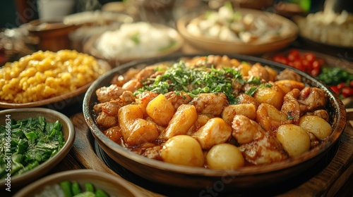 A close-up shot of a rustic wooden table with a variety of dishes, including a steaming casserole dish with potatoes, meat, and a red sauce, surrounded by bowls of rice, 