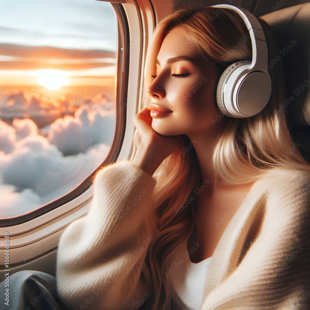 Φωτογραφία Closeup of a beautiful young woman with blonde hair sitting in an airplane seat indoors next to the window, wearing the white headphones or headset