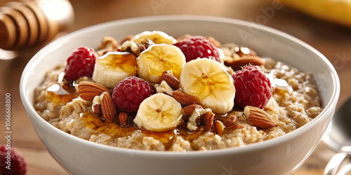 A warm bowl of oatmeal topped with fresh fruits, nuts, and honey, creating a cozy breakfast vibe