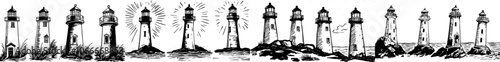 Vintage set of nautical lighthouses in engraving style. This is an illustration for a postcard, book, or textile.