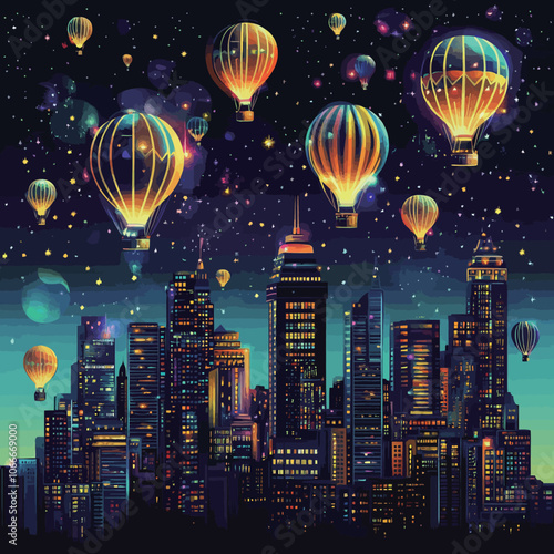 Vector illustration of the night city with skyscrapers and hot air balloons 