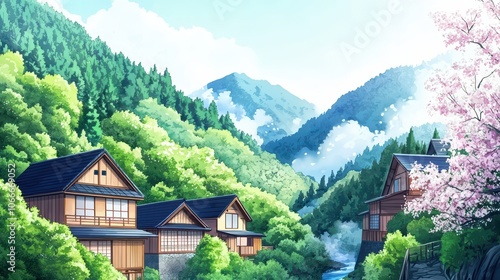 Serene mountain village with traditional houses surrounded by lush greenery and blooming cherry blossoms.