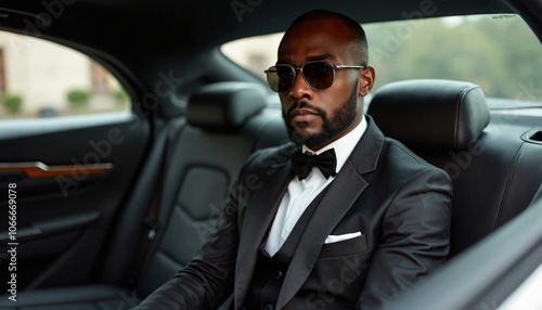 A young Black man with a beard and sunglasses sits in the backseat of a car. He wears a black suit, a white shirt, and a black bow tie.