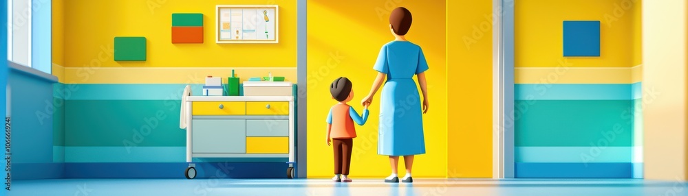 A mother and child hold hands in a bright, colorful hospital hallway, conveying warmth and care.