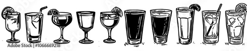 Illustration of cocktail set monochrome color engraving style in modern style.