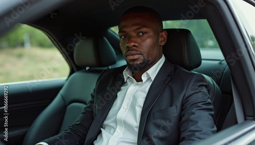 A young Black man with a short beard sits in the backseat of a car. He wears a black suit, a white shirt, and looks directly at the camera with a serious expression.