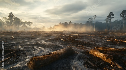 A visual representation of deforestation contributing to climate change, with a shrinking forest and rising global temperatures. photo