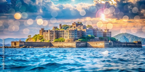 Misty, dramatic Gunkanjima island ruins, Nagasaki, Japan; historic coastal scenery. photo