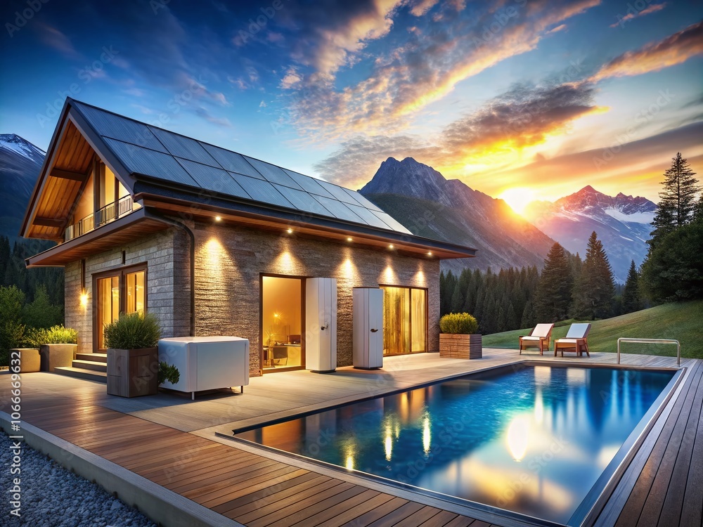 Fototapeta premium Modern energy storage systems enhance this cozy chalet, featuring a pool and available parking, perfect for those