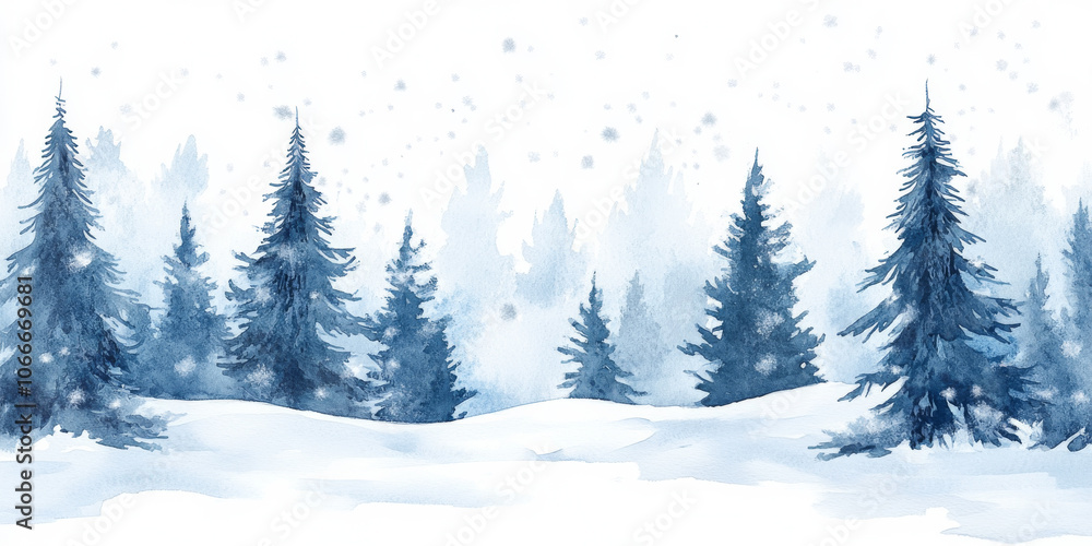 Naklejka premium Hand painted watercolor of a snowy winter landscape with tall pine trees and soft snowflakes falling