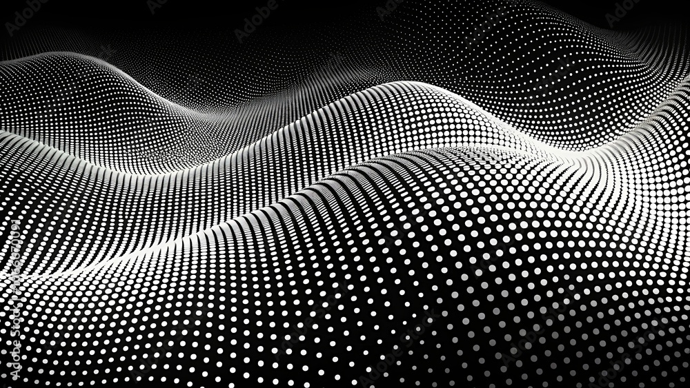 Abstract White Dot Pattern on a Black Background Creating a Wavy, Fluid and Dimensional Surface Abstract White Dot Pattern on a Black Background Creating a Wavy, Fluid and Dimensional Surface