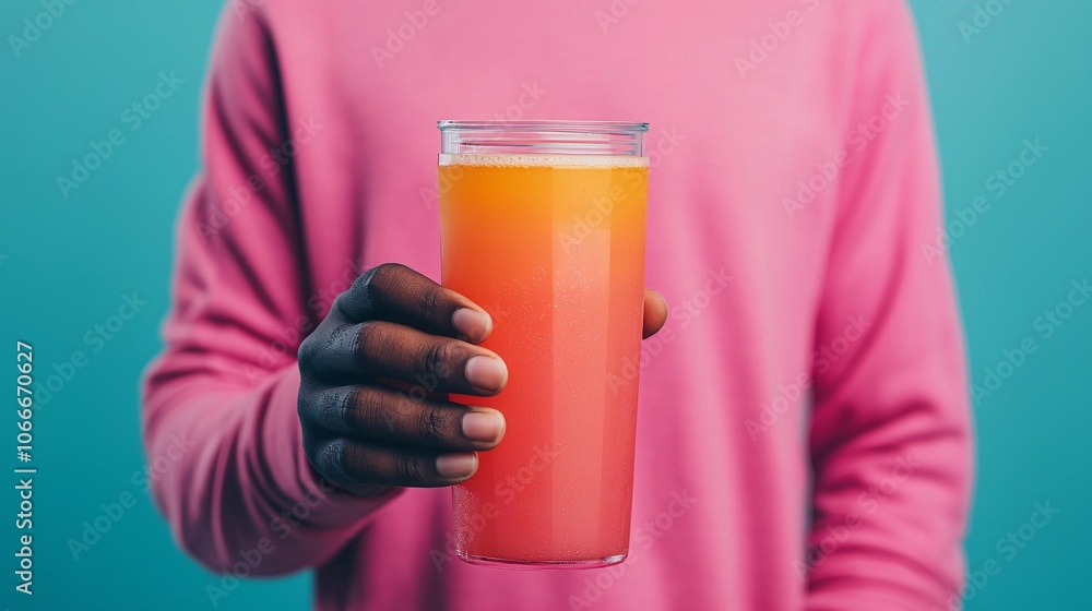 A person in a pink sweater holds a colorful drink against a vibrant teal background, showcasing a refreshing beverage. A person in a pink sweater holds a colorful drink against a vibrant teal background, showcasing a refreshing beverage.