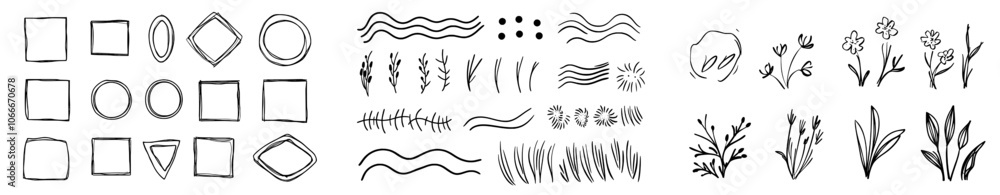 Hand drawn wavy rectangle borders with wave curve frames. Squares and circles drawn with brush pen. Modern illustration isolated on white. Hand drawn wavy rectangle borders with wave curve frames. Squares and circles drawn with brush pen. Modern illustration isolated on white.