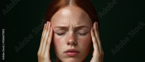 A woman experiencing stress and anxiety, with a pained expression, set against a dark background.