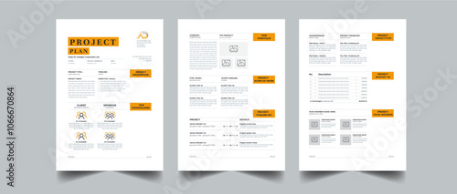 Project Plan and Project proposal layout design with Orange colorful concept 3 page Design Template