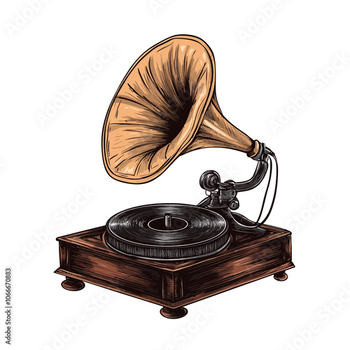 Vintage gramophone isolated on white background. Hand drawn vector illustration. 