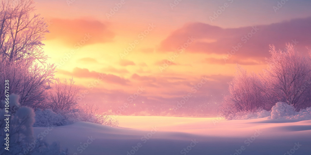 Obraz premium A tranquil winter landscape at dusk, with the sky painted in soft pink and orange hues and a blanket of snow below